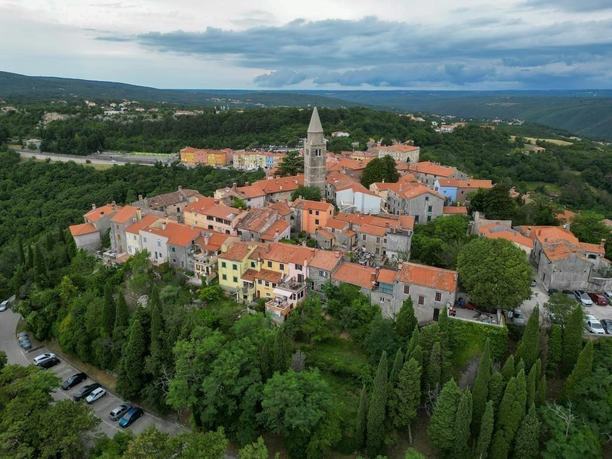 Das Bergdorf Motovun auf einem Hügel über den istrischen Weinbergen